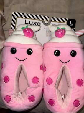 Luxe Pink Strawberry Plush Boba Slippers